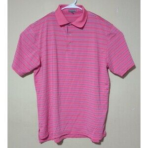 Peter Millar Summer Comfort Polo Mens L Pink w/Blk & Wht Stripes Short Sleeve
